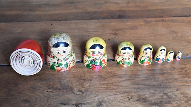 A set of nesting dolls, laid out on a table, getting smaller as you go to the right. 