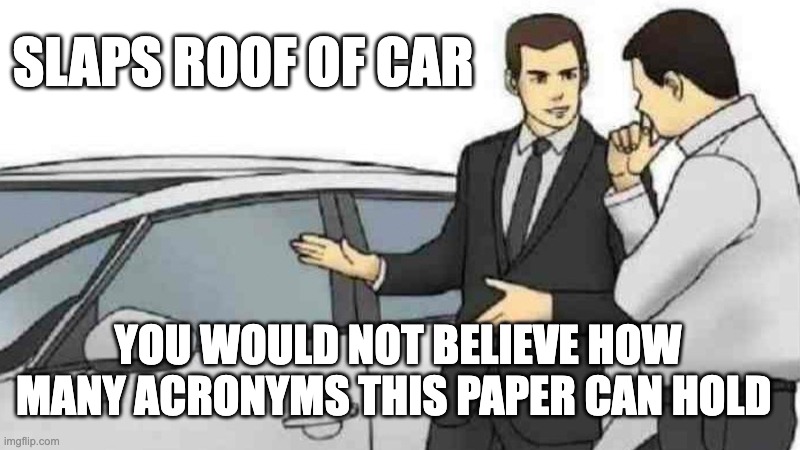 A cartoon image of two men standing in front of a car. One man, wearing a suit, seems to be trying to sell the car to the other man. Over it, white text says "Slaps roof of car, you would not believe how many acronyms this paper can hold"